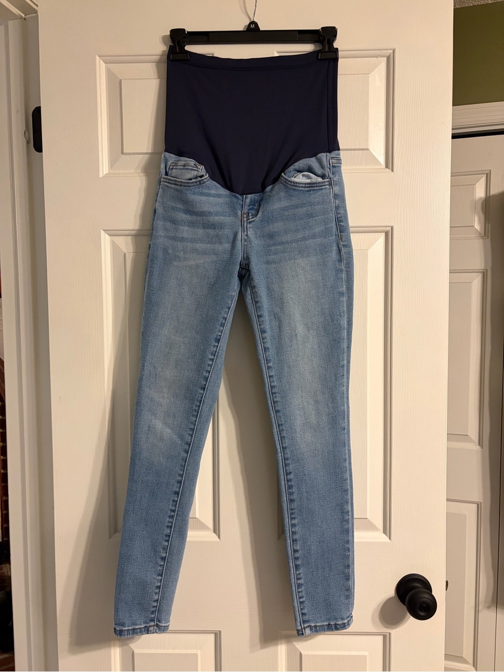 Pink Blush Maternity Skinny Jeans with Navy Panel - Medium Wash / Light Blue
